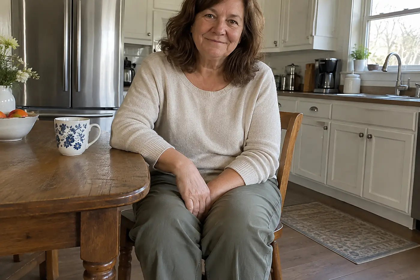 Trousers with sagging knees fill the middle of the frame as a woman over 50 sits at her kitchen table, with no writing visible.