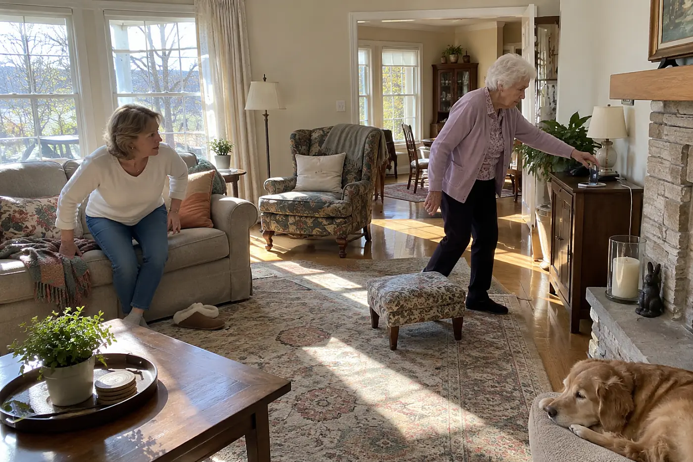 A mother reaches for her phone on a charger across the living room.