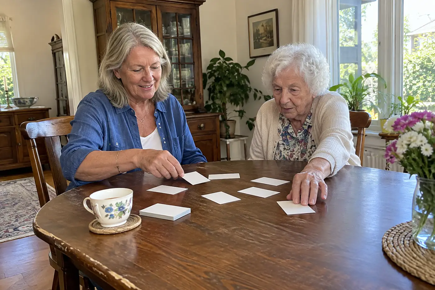 A woman sits with her mother and examines gift card receipts at the table.
