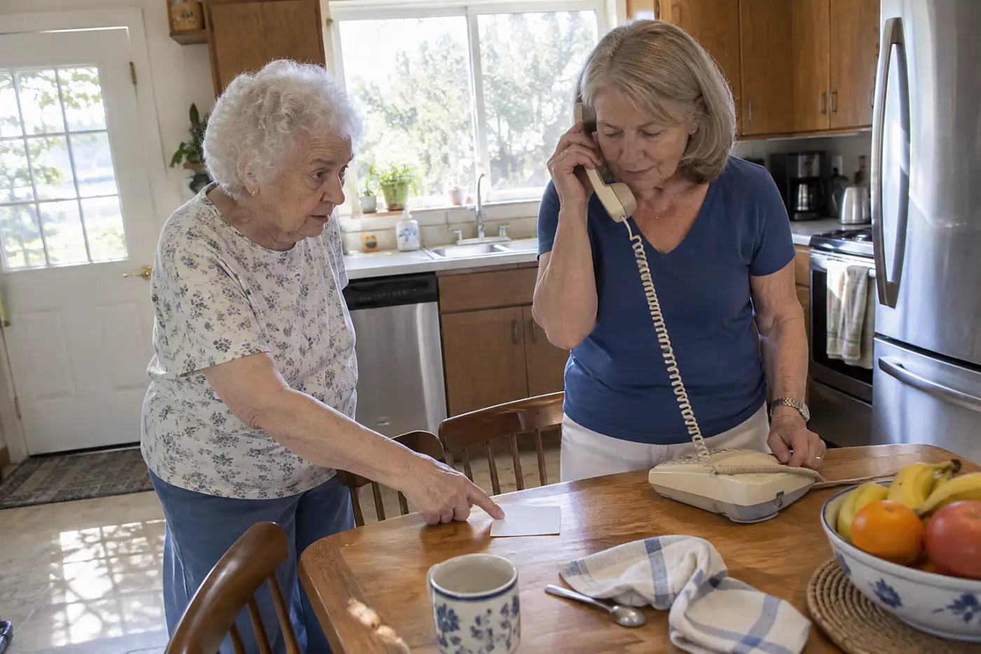 A mother points to a phone number written on paper beside her phone.