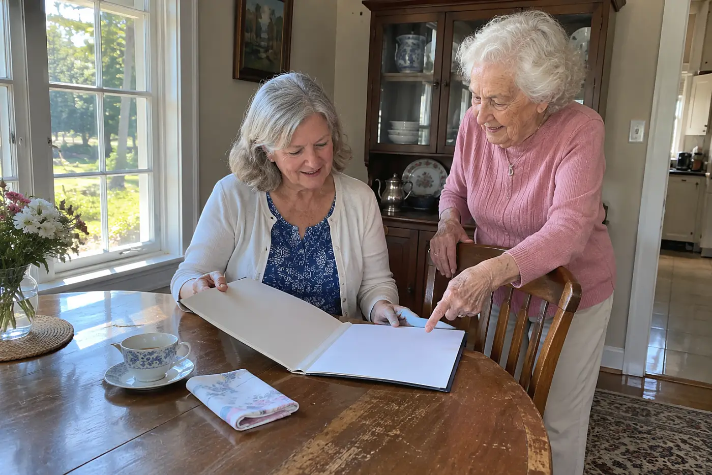 A woman reviews a bank statement with her mother at the dining table.