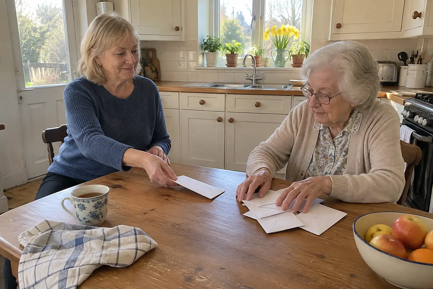 A woman sorts envelopes with her mother at the kitchen table.