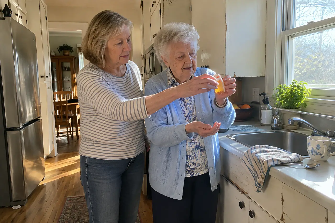 A mother checks a nearly empty prescription bottle in her kitchen.