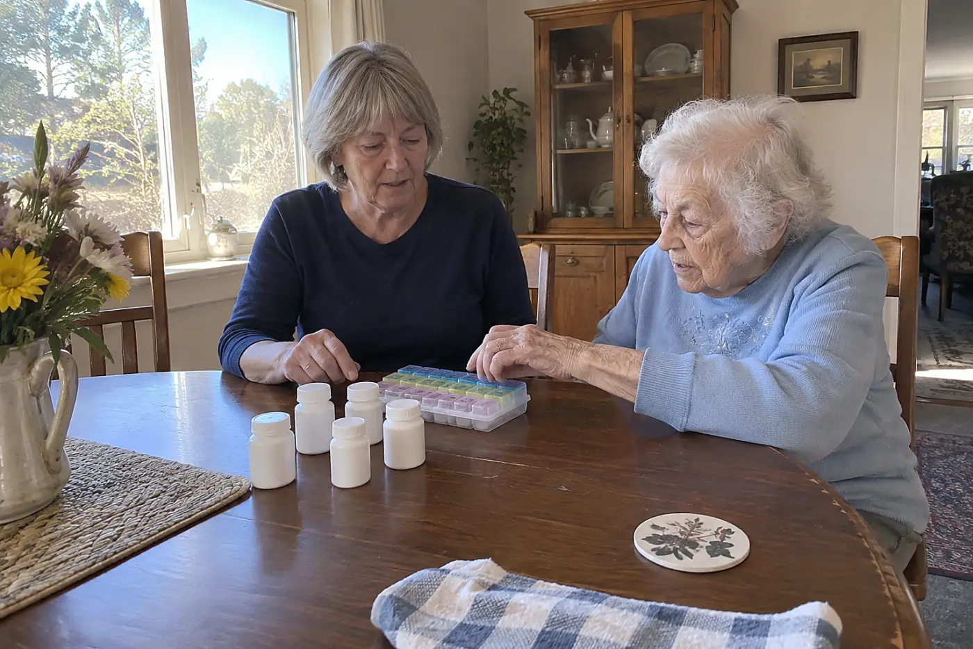 A woman compares her mother’s pill organizer with prescription bottles at the table.