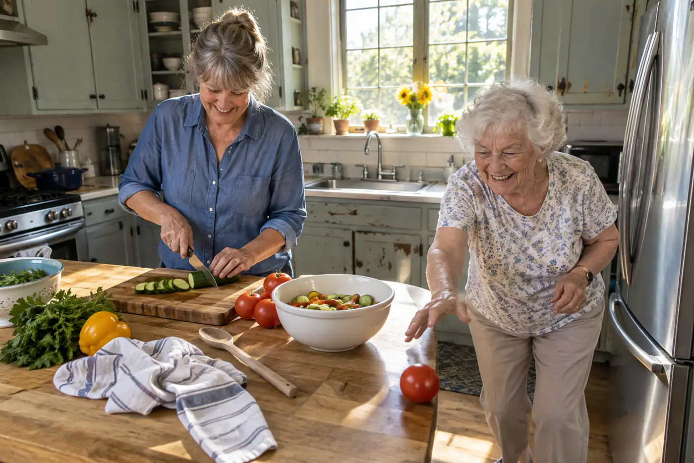 A woman makes lunch with her mother in the kitchen.