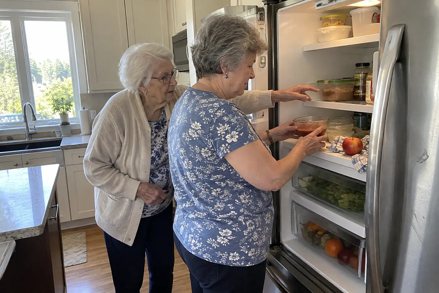 A woman and her mother sort opened containers on a refrigerator shelf.
