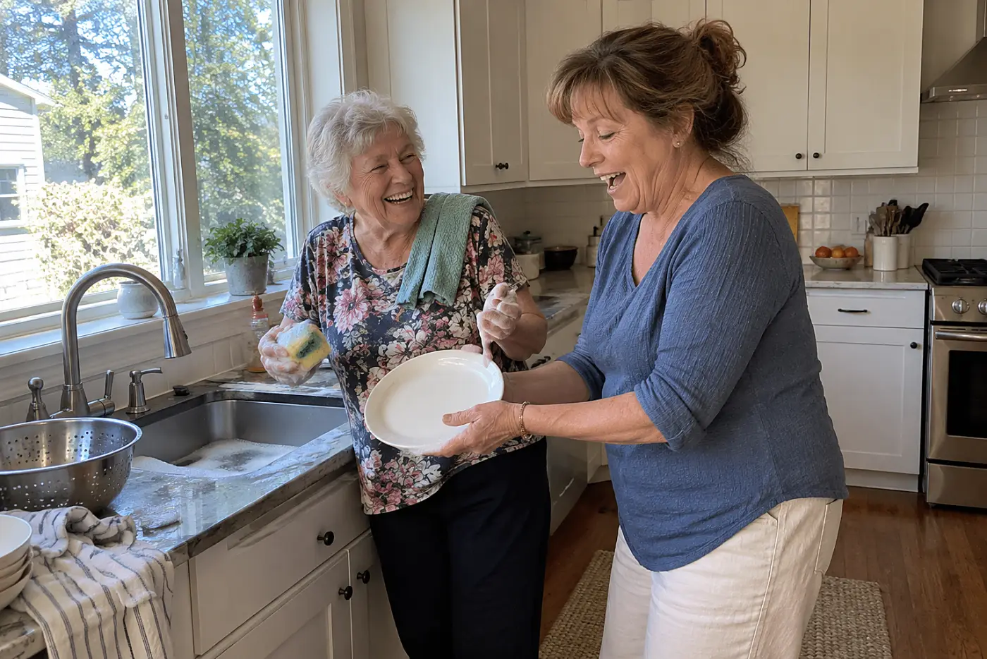 A woman helps her mother wash dinner plates at the kitchen sink.