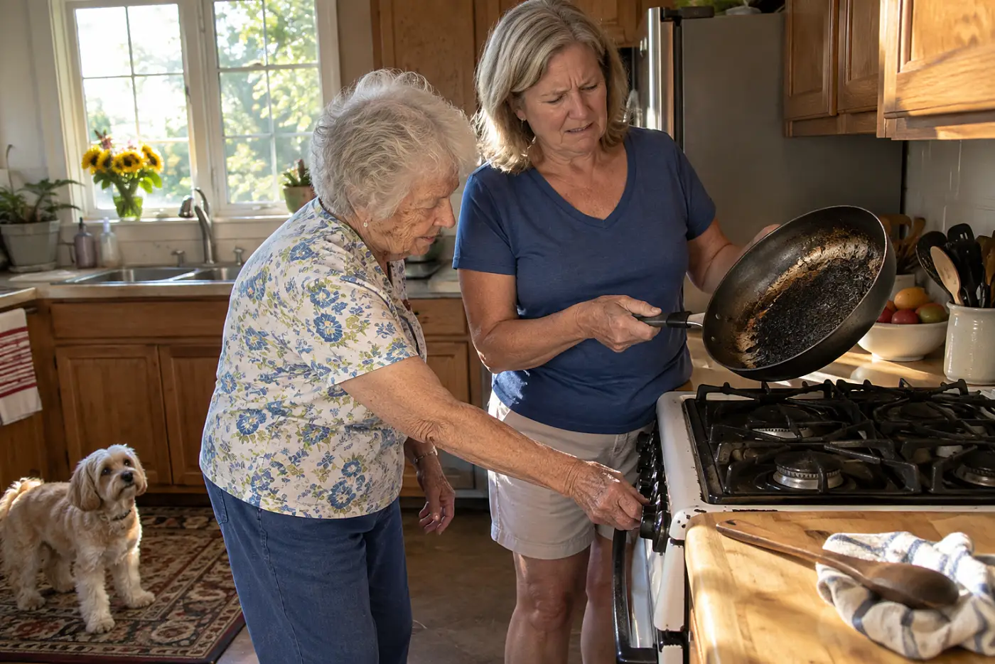 A woman examines a scorched pan beside her mother’s stove.