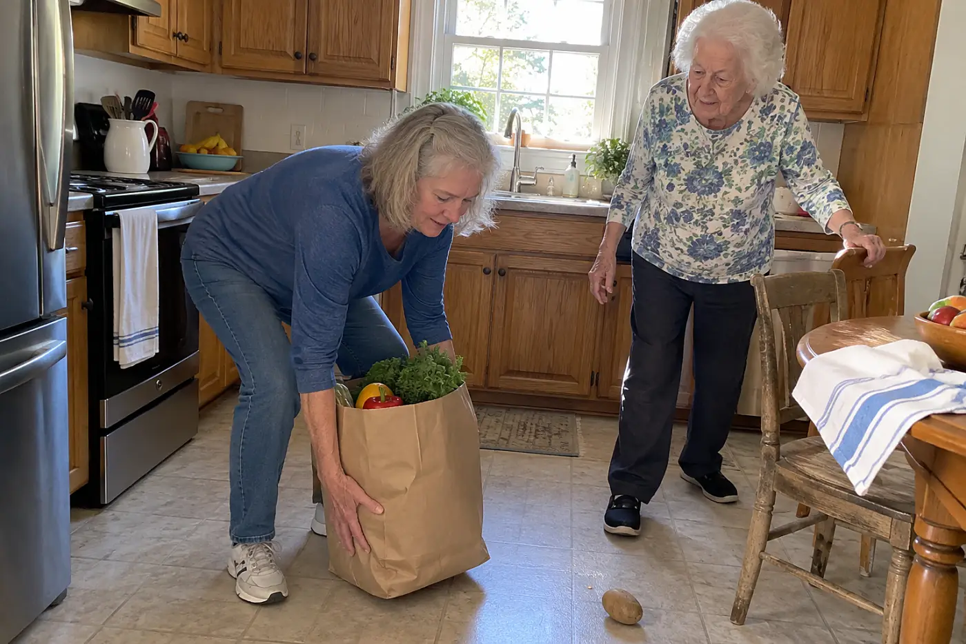 A woman lifts an unopened grocery bag from her mother’s kitchen floor.