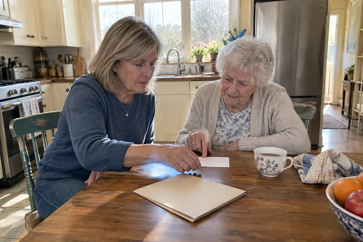 A woman and her mother examine an appointment card on a kitchen calendar.