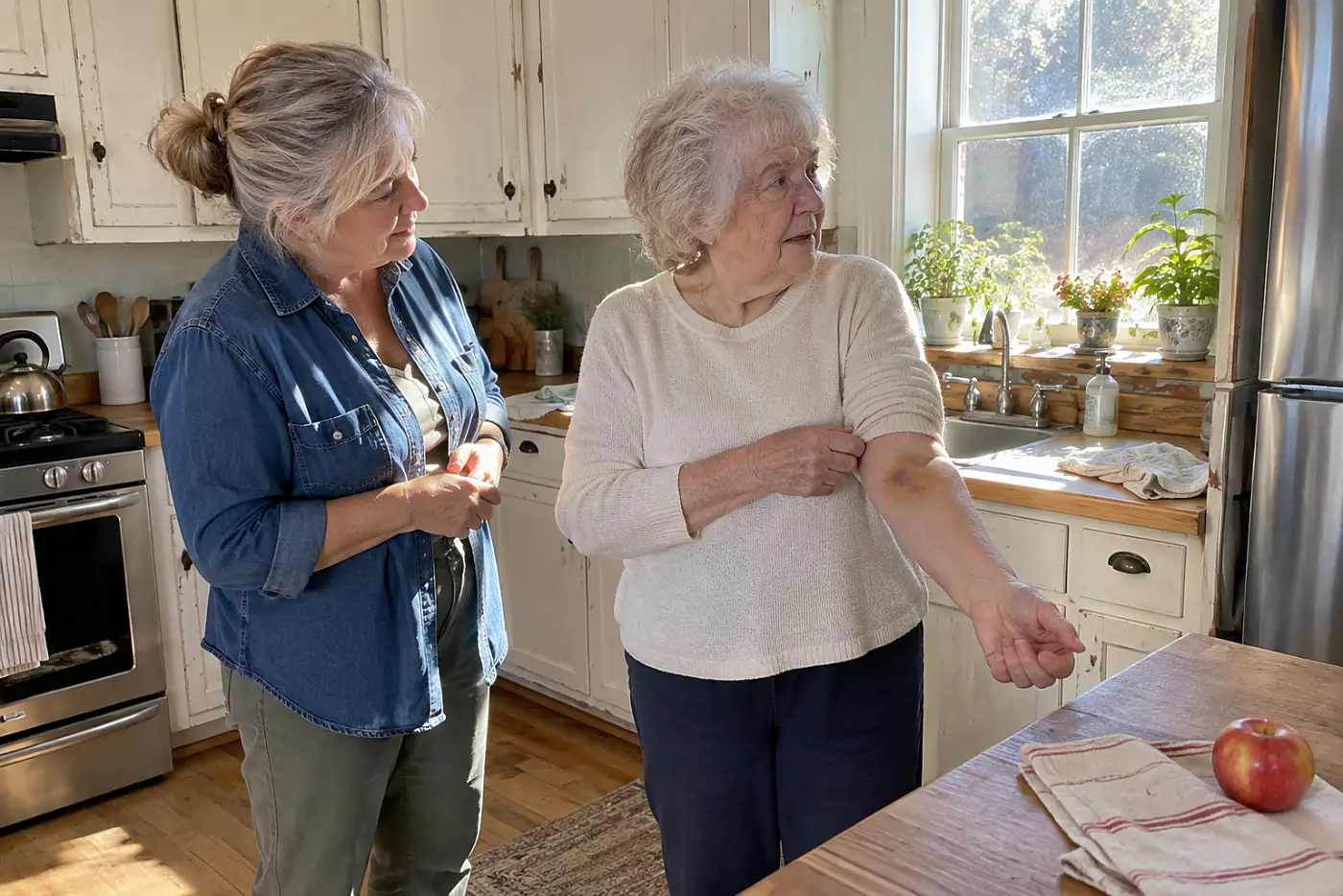 A woman talks with her mother about a bruise in the kitchen.