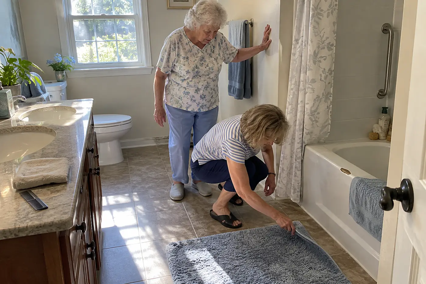 A mother steps toward her bathtub while her daughter watches nearby.