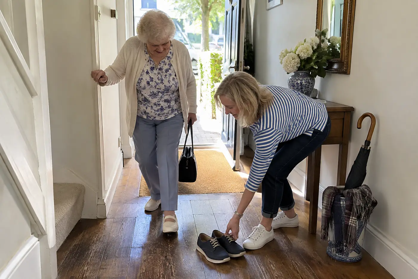 A woman moves a pair of shoes from her mother’s hallway.