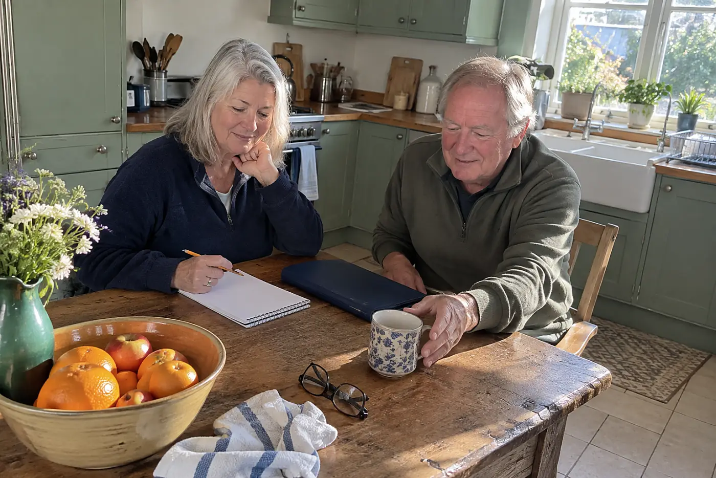 Older woman writing shift times beside a job offer at her kitchen table.