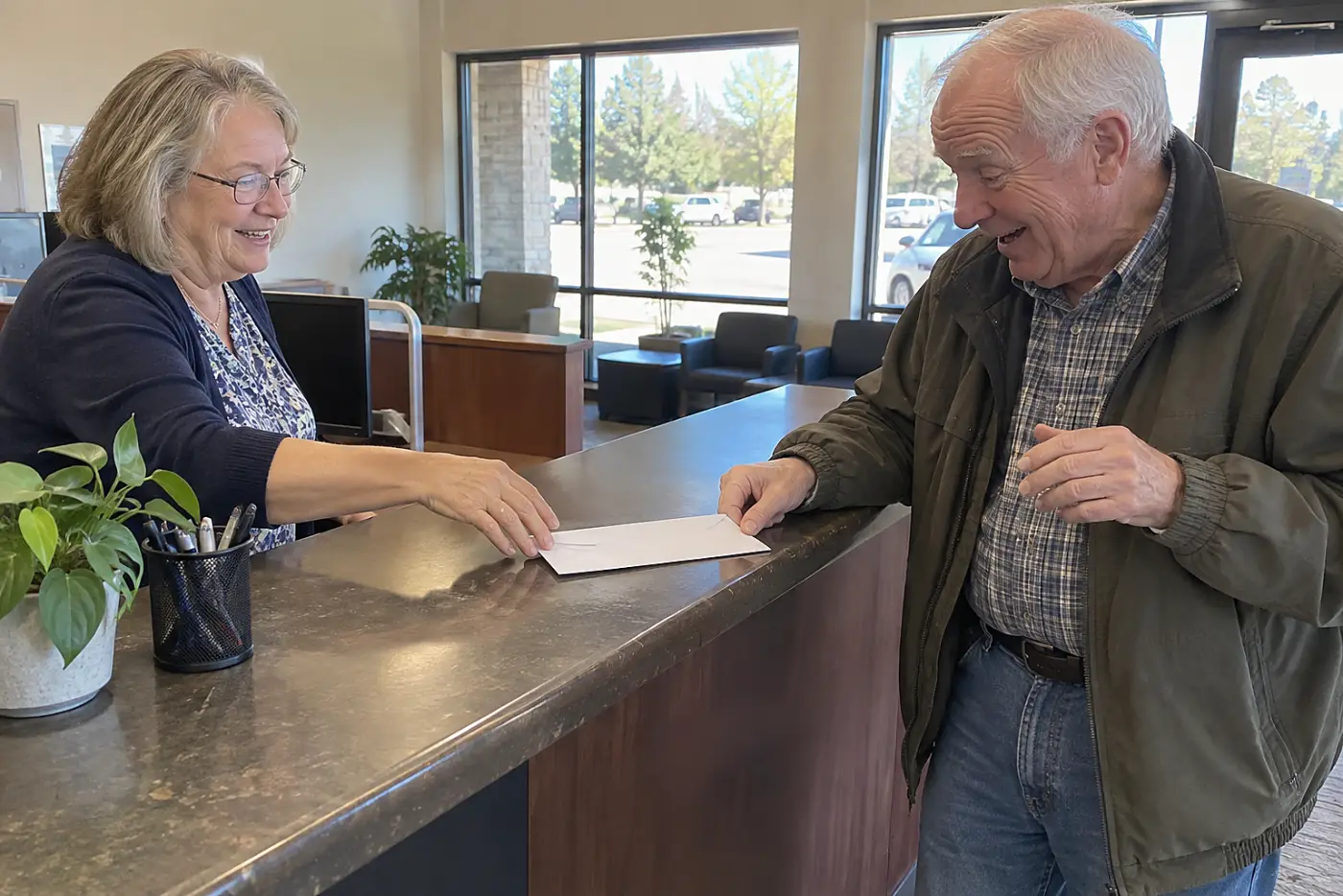 Older woman assisting a customer at a credit union counter.