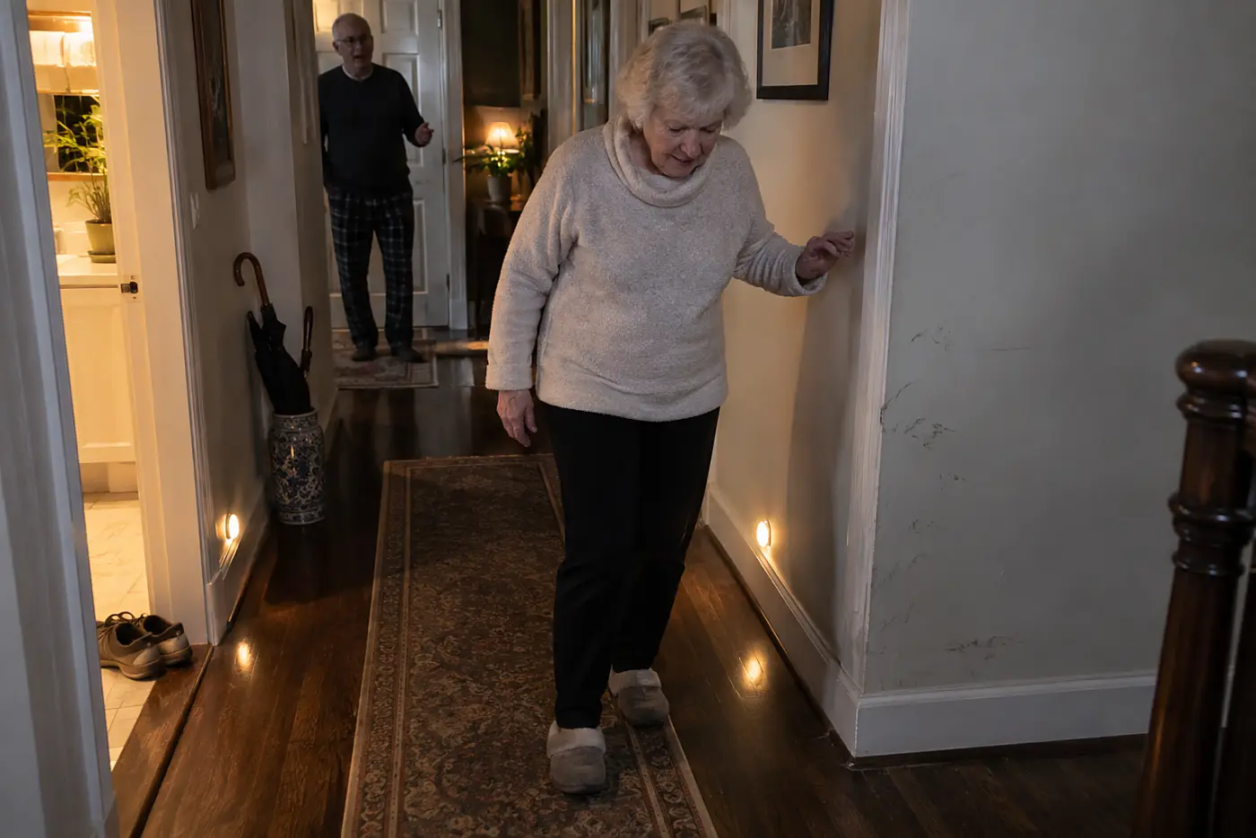 Older woman checking a hallway turn after dark with the usual night-lights on.