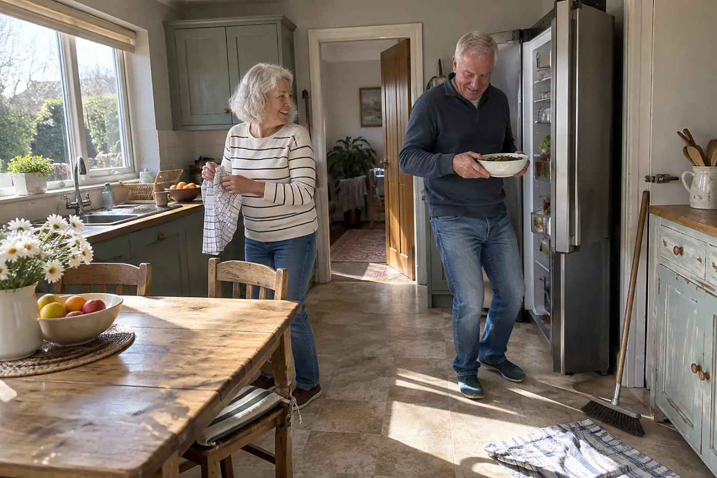 Older woman turning to face the refrigerator in her kitchen.