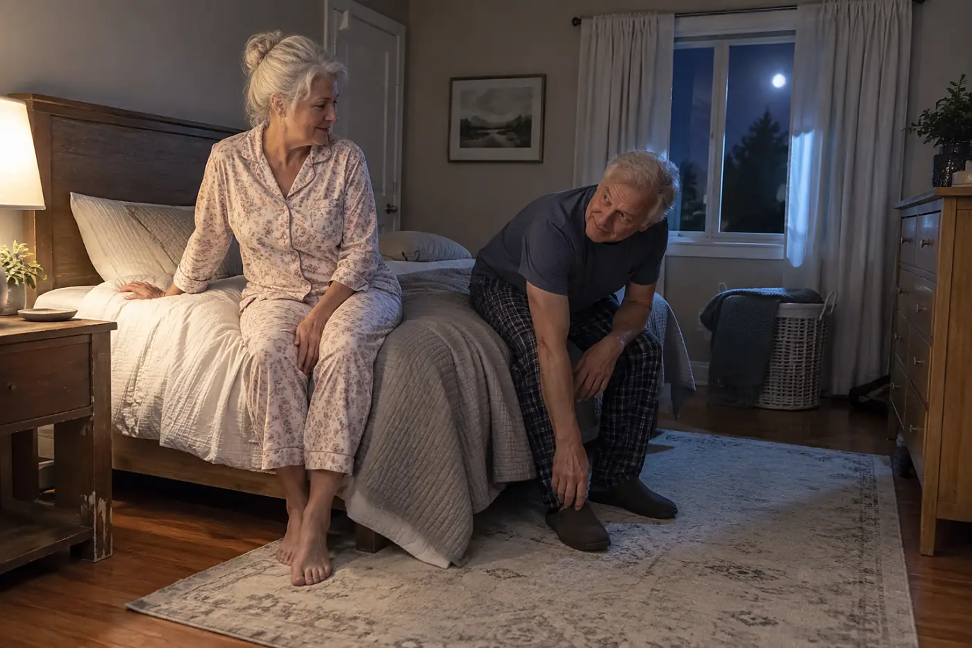 Older woman sitting on her bed before a nighttime bathroom trip.