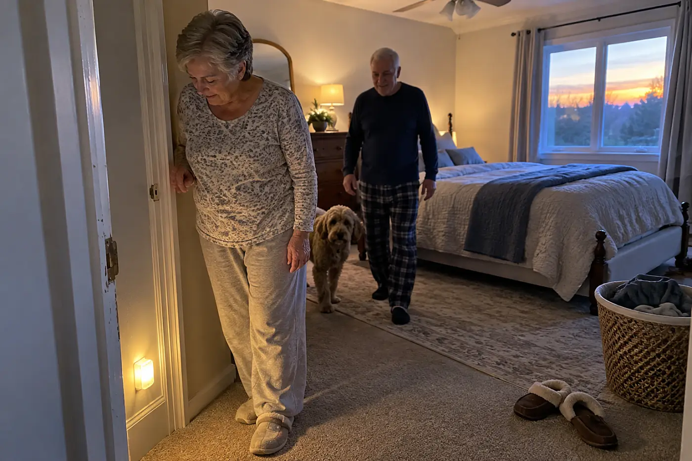 Older woman checking a night-light near her bedroom doorway.