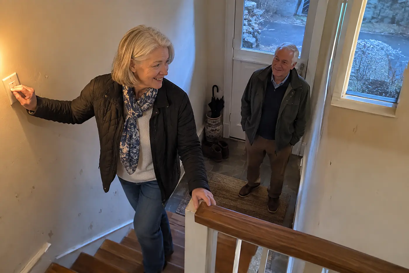 Older woman switching on a stairway light before stepping down.