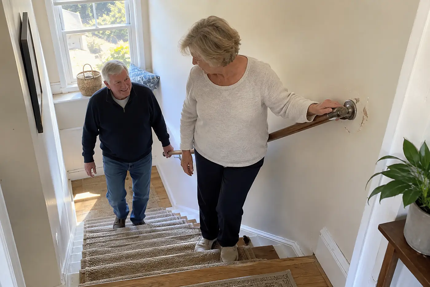 Older woman testing a handrail bracket from the top stair landing.