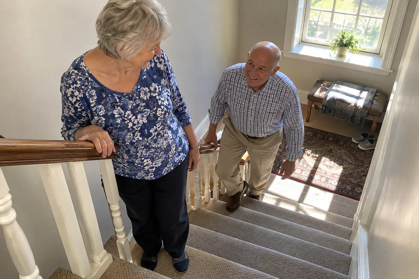 Older woman gripping a handrail before walking down her stairs.