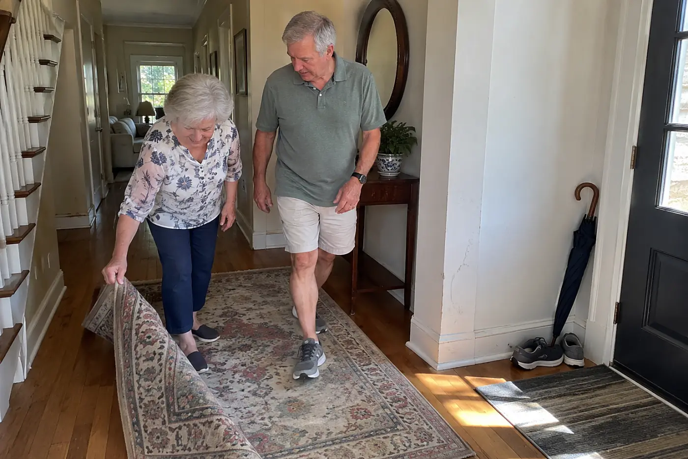Older woman lifting a throw rug from her hallway corner.