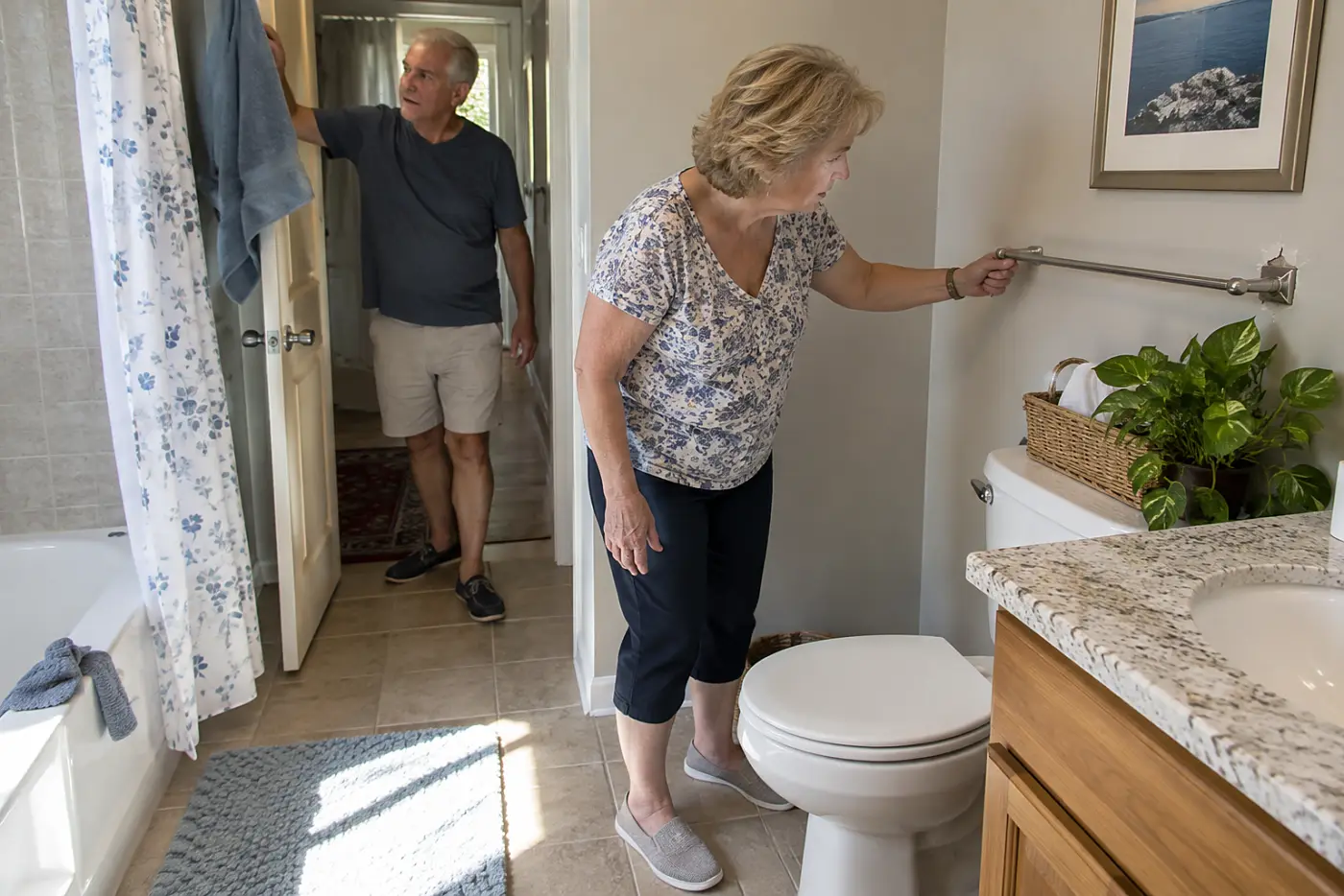 Older woman examining a towel bar beside her bathroom toilet.