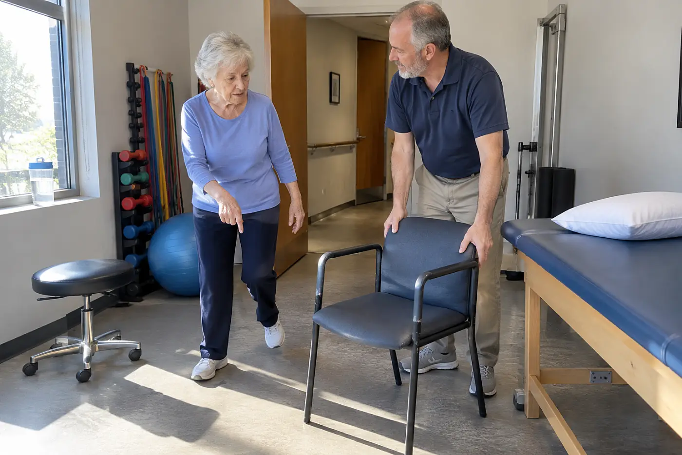 Older woman describing a near fall to a physical therapist in a clinic.