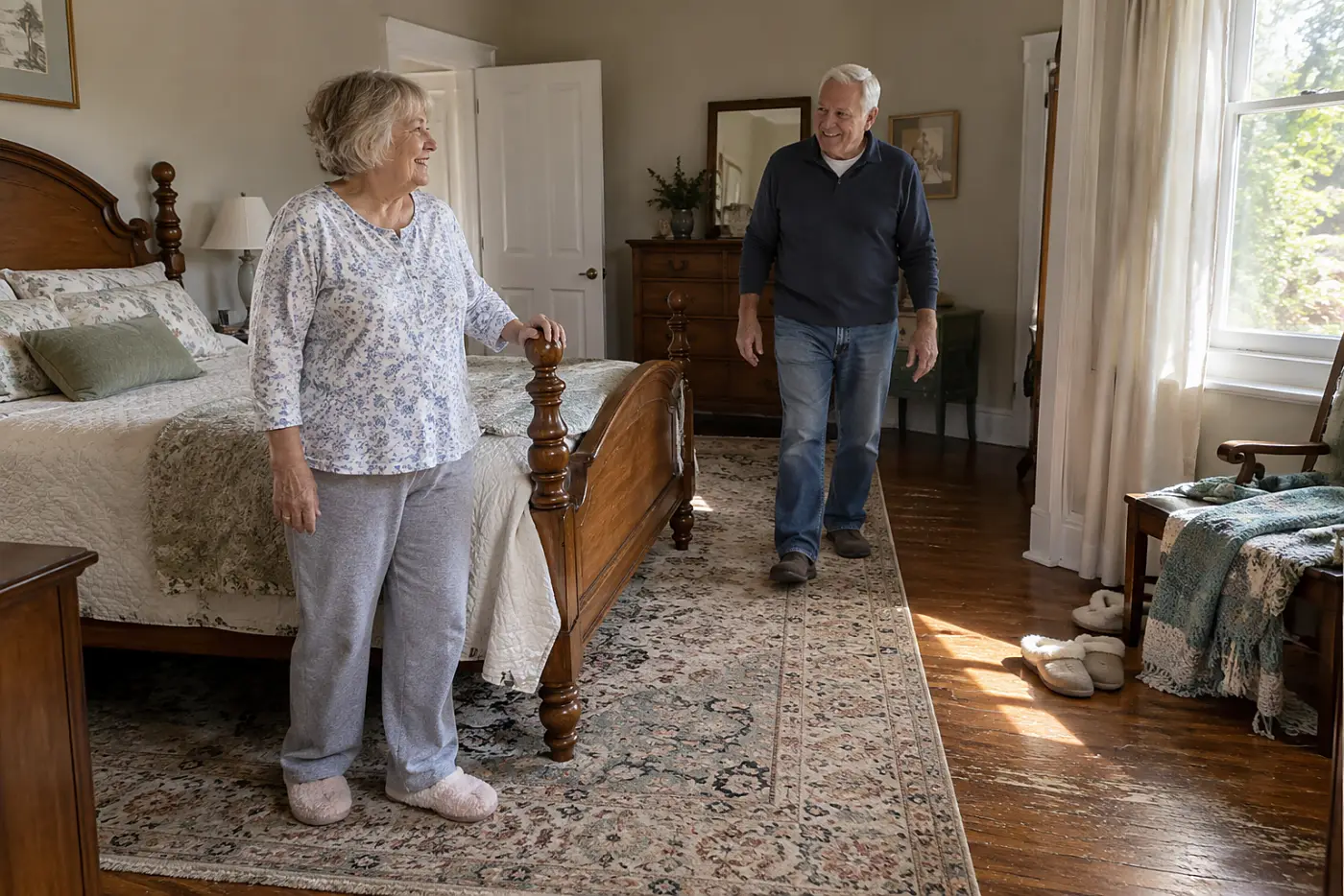 Older woman pausing beside her bed after standing up.