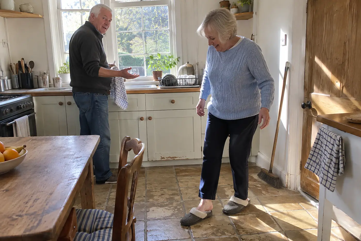 Older woman testing how her slippers fit while walking across her kitchen.