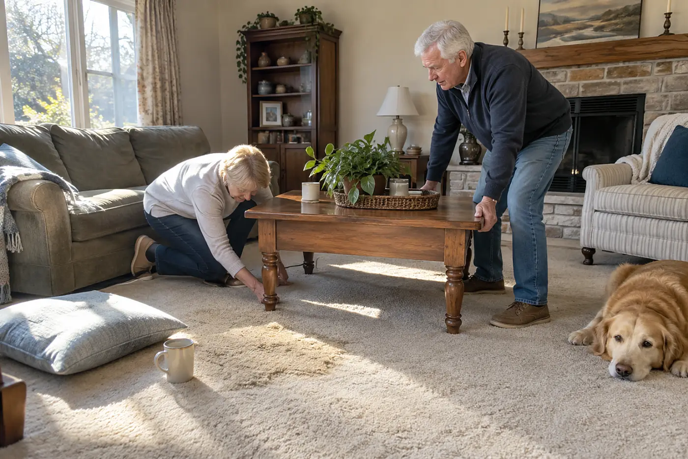 Older woman securing a phone charger cord behind her living room table.