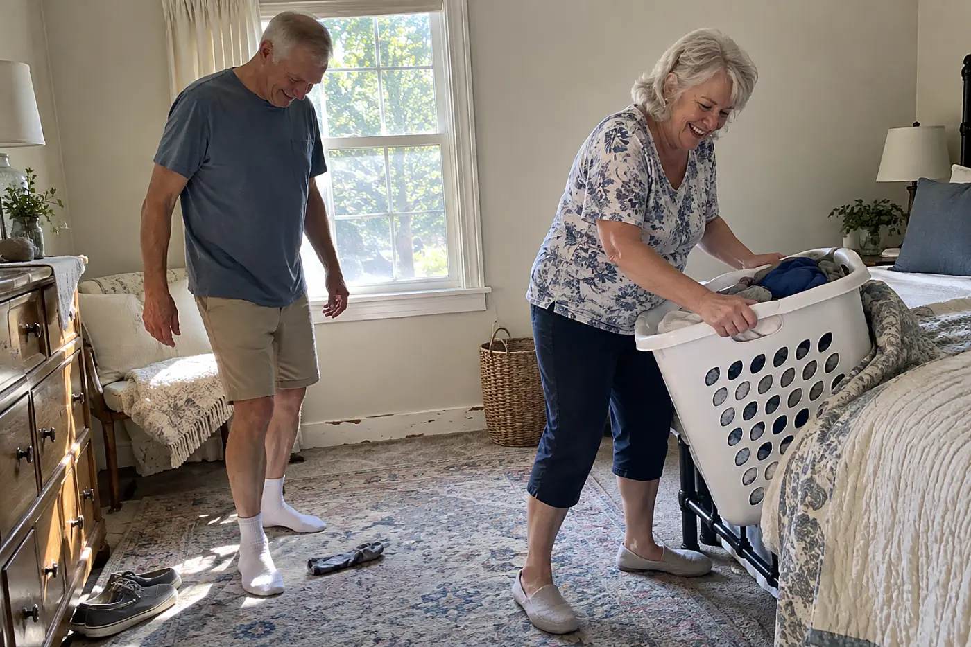 Older woman moving a laundry hamper against a bedroom wall.