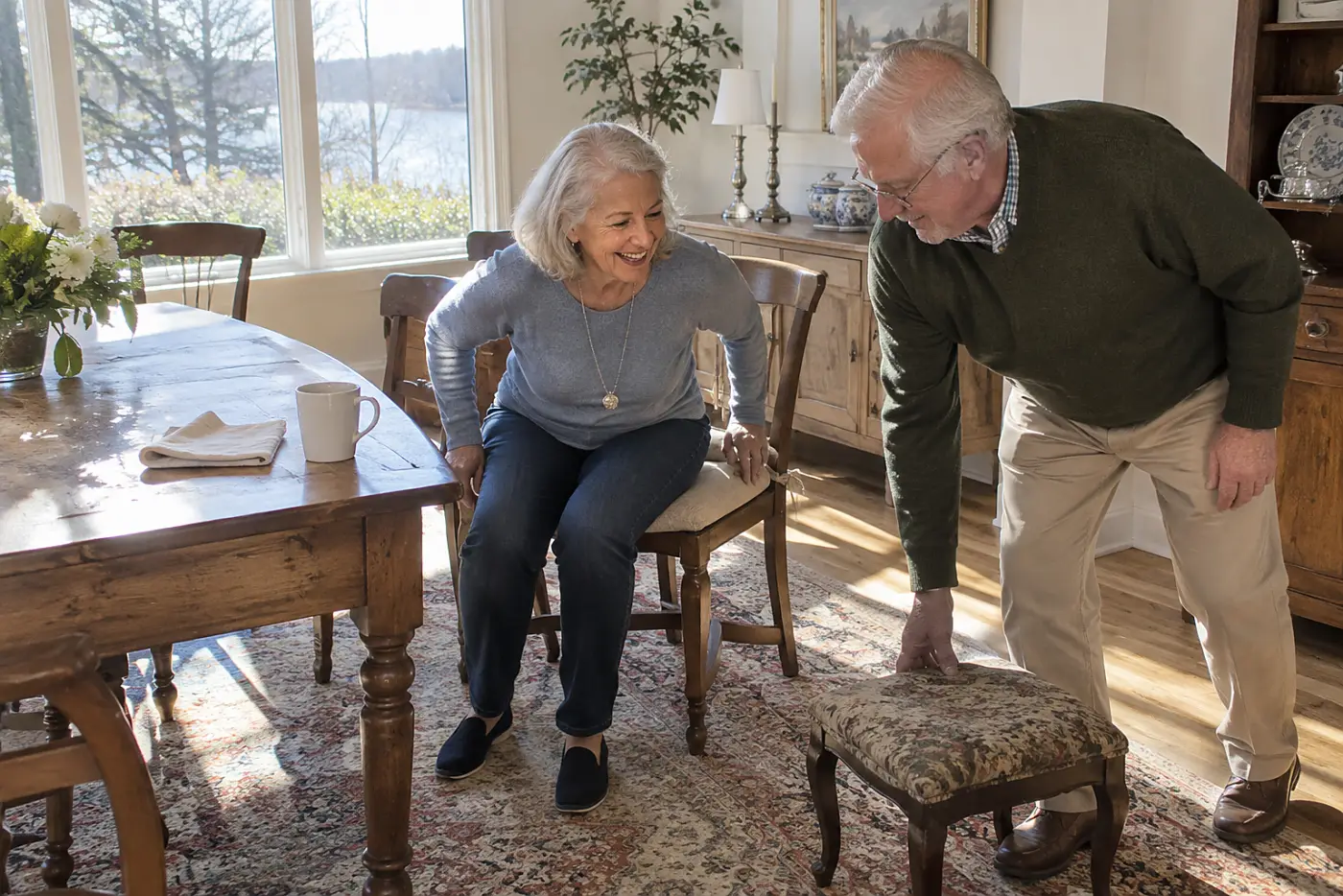 Older woman practicing standing up from a sturdy dining chair.