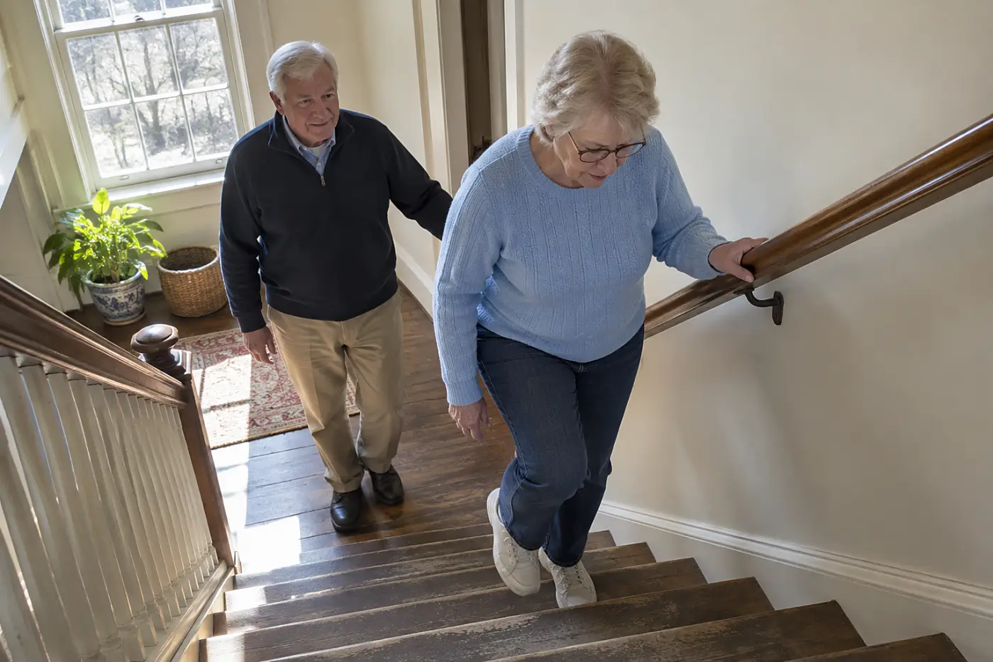 Older woman looking down at a stair tread through her glasses.
