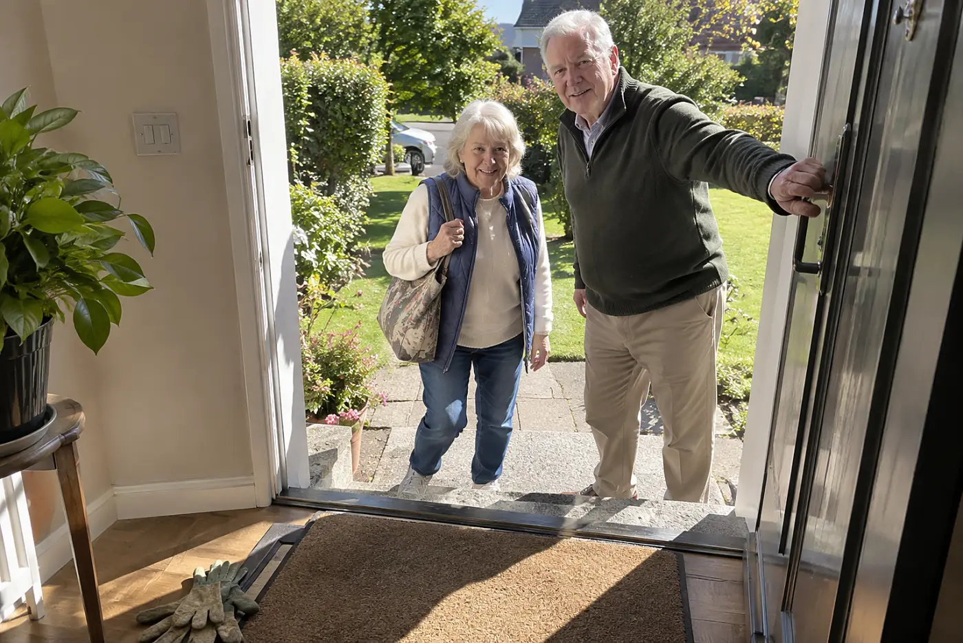 Older woman checking the step outside her front door.