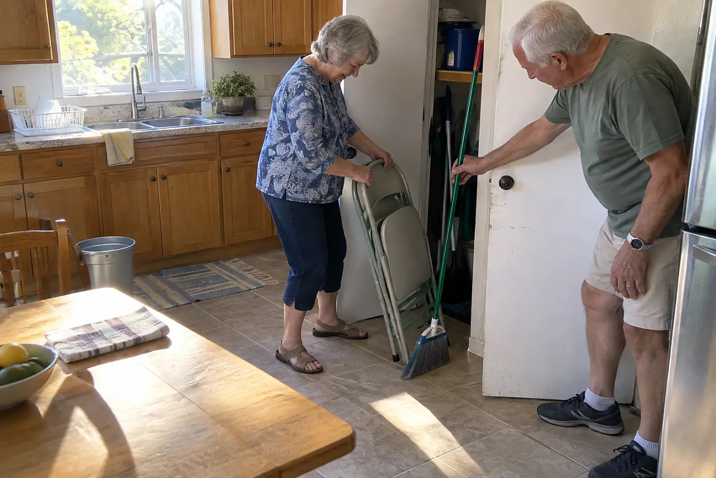 Older woman removing a folding chair from her kitchen closet.