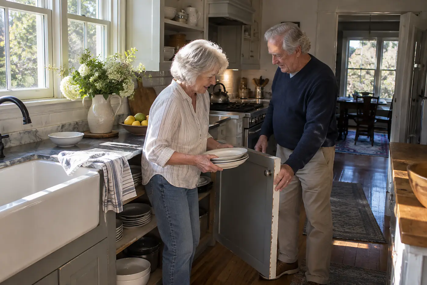 Older woman moving dinner plates to a lower kitchen shelf.