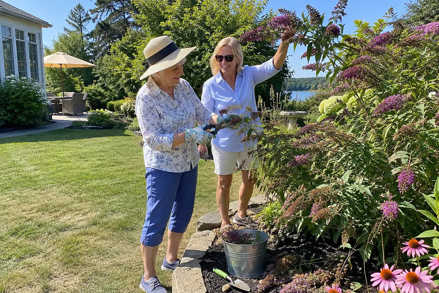 Woman snipping a faded butterfly bush flower in her garden.
