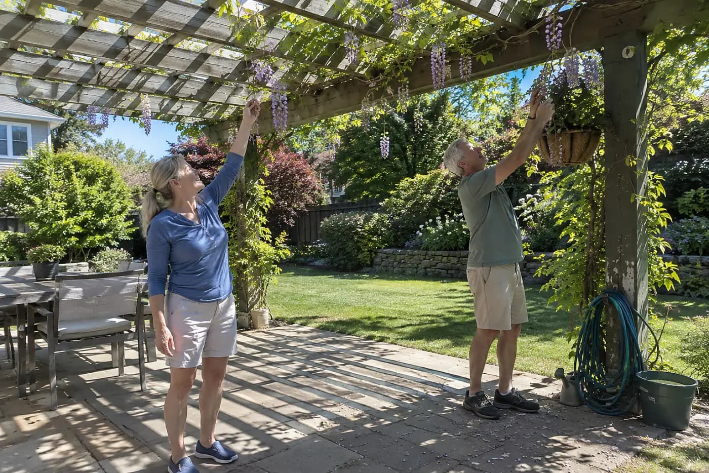 Woman tracing a long wisteria shoot along a pergola in her yard.