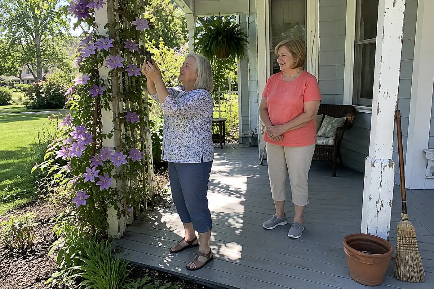 Woman photographing a clematis flower growing on a porch trellis.