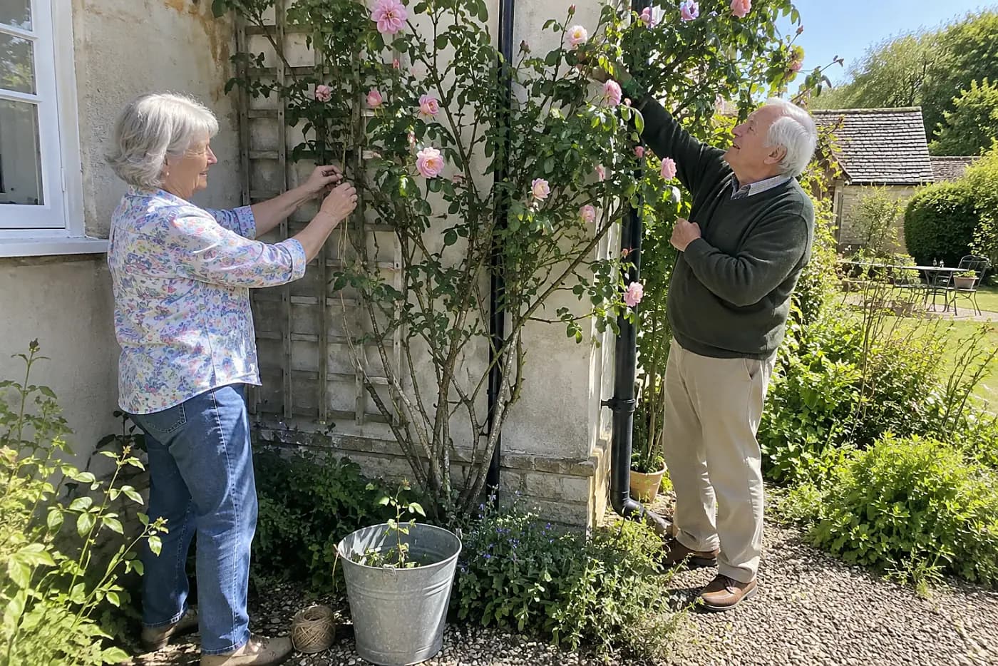 Woman tying a climbing rose cane across a wooden trellis beside her house.
