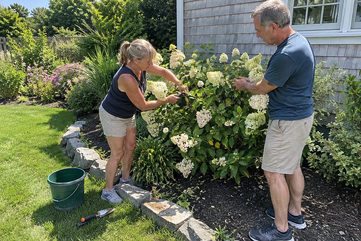 Woman removing a crossing stem from a panicle hydrangea in her garden.