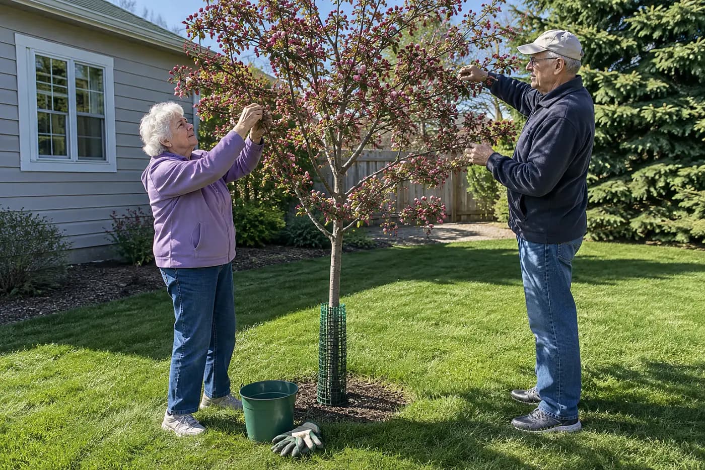Woman locating a branch collar on a small crabapple branch in her yard.