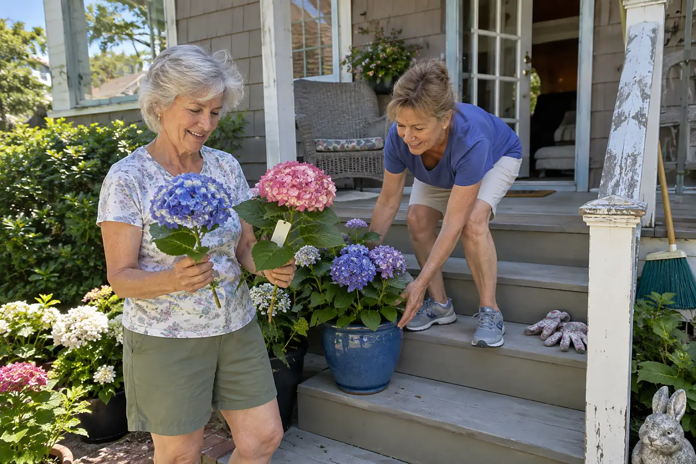 Woman comparing hydrangea stems and a plant tag beside her porch.