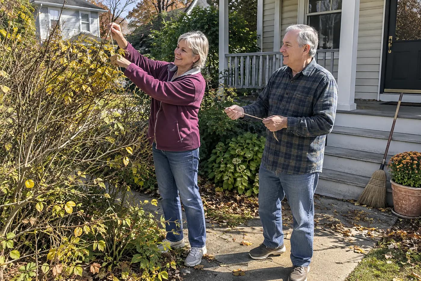 Woman tying back a forsythia branch beside her front walk in October.