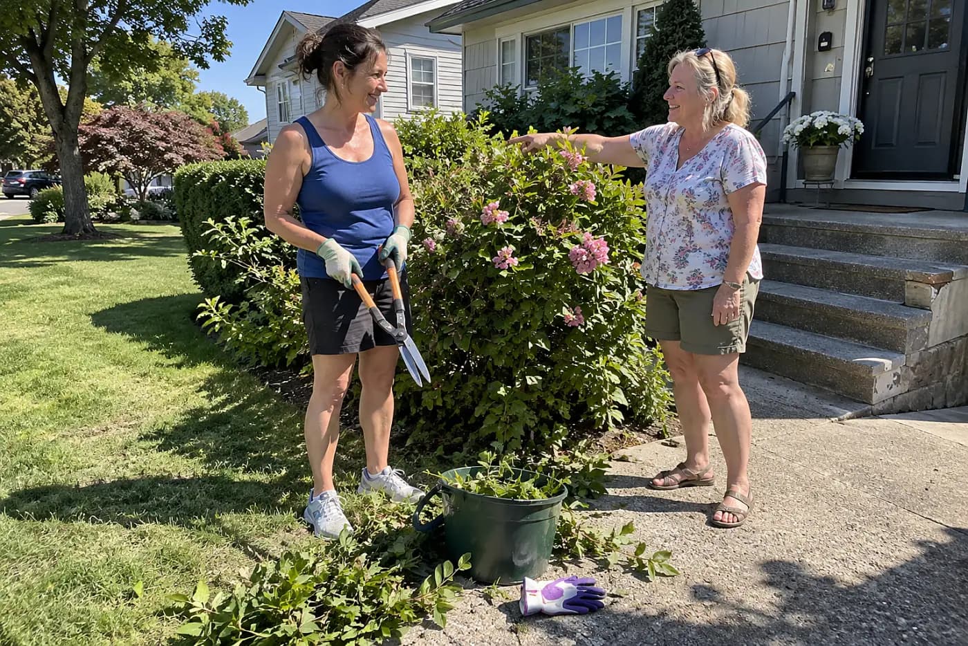 Woman holding hedge shears beside a clipped flowering shrub in her front yard.
