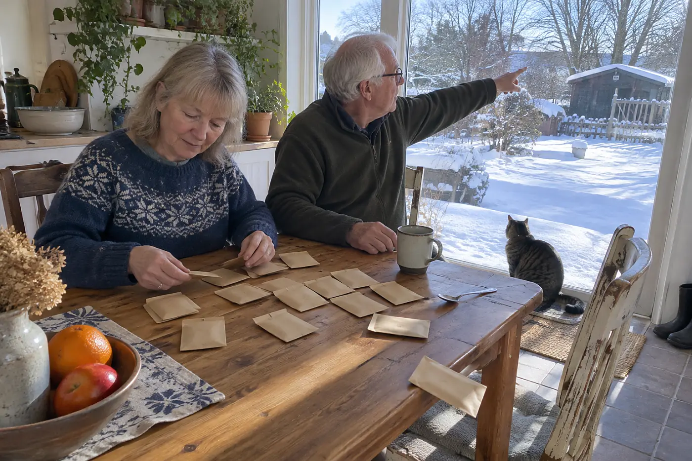 Older woman studying a seed catalog at a winter kitchen table.