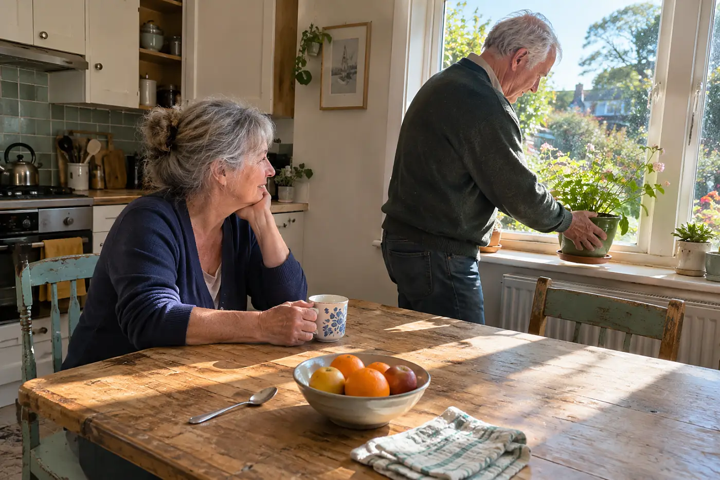 Older woman looking toward a garden spot from her kitchen table.
