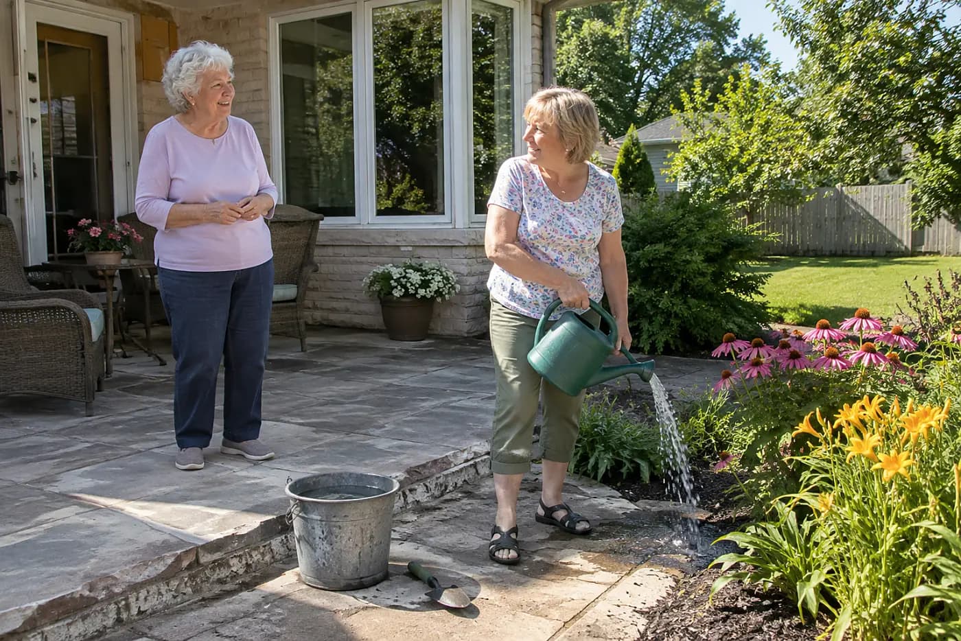 Older woman carrying a half-filled watering can toward a flower bed.